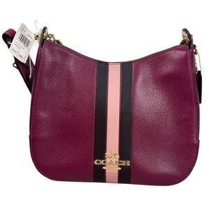 Coach Jes Hobo Bag Women Dark Berry Multi Leather Varsity Stripe F80643 Shoulder